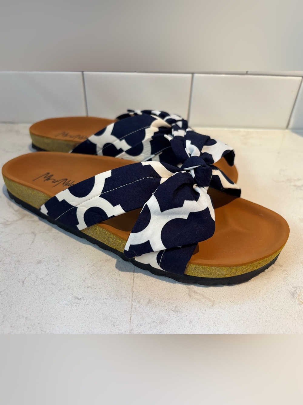 Navy and White Knot Slide Sandals - Women 8